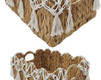 Wavy Water Hyacinth Basket Set, Built-in Handles, Boho Organizer
