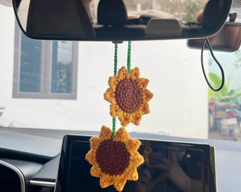 Handmade Crochet Sunflower Car Charm: Rearview Mirror Hanging Decoration