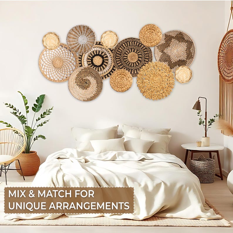 Set of 12 Boho Wicker Basket Wall Decor Set: Rustic Woven Hangings - Etsy