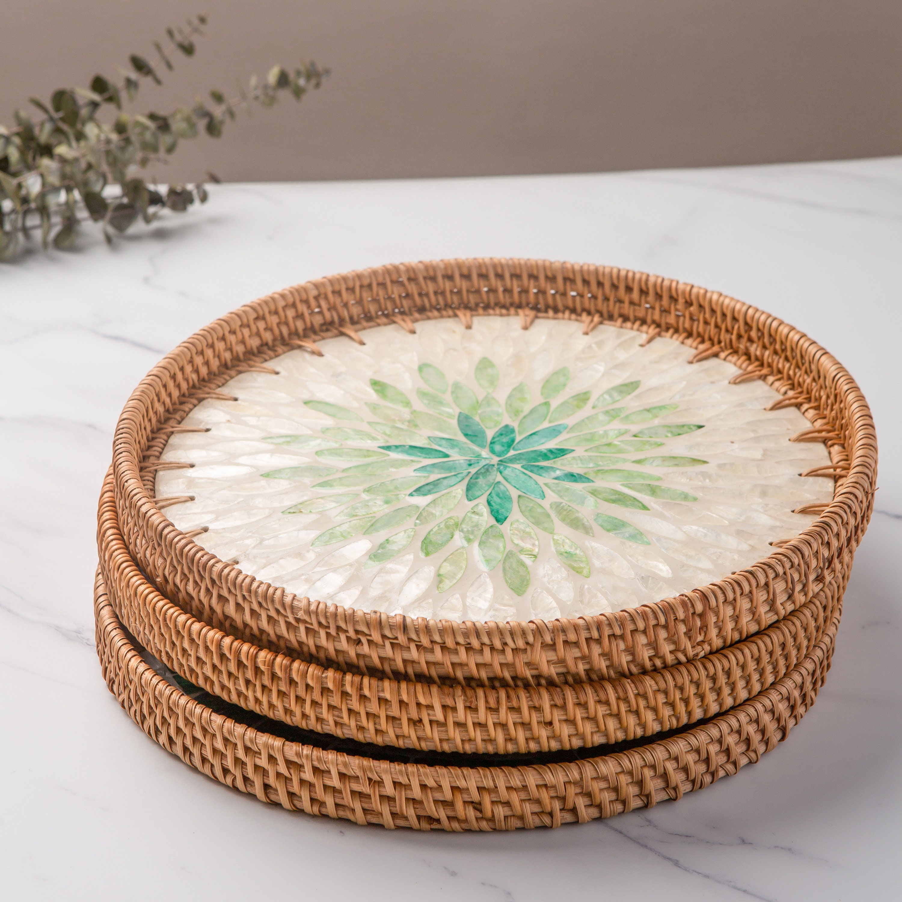 Rattan Serving Tray With Mother of Pearl Inlay | Hand Woven Mosaic Tray ...