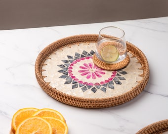 Round Rattan Serving Tray | Mother of Pearl Inlay, Woven Mosaic