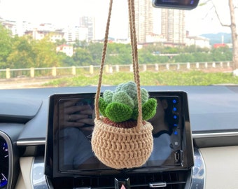 Crochet Succulent Car Hanging: Boho Rear View Mirror Plant