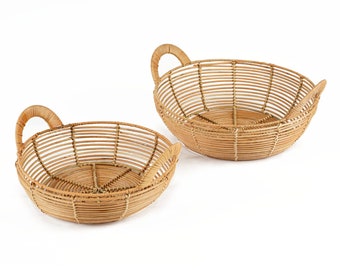 Set Of 2 Round Boho Rattan Bread Baskets With Handles | Large And Small Wicker Warming Serving Fruit Baskets