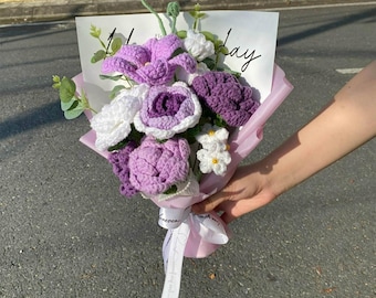Handmade Crochet Flower Bouquet: Purple Tulip, Roses and Bellflower