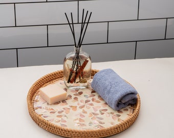 Rattan Serving Tray with Mother of Pearl Inlay | Woven Mosaic Tray