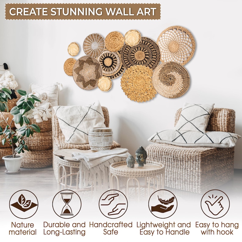 Set of 12 Boho Wicker Basket Wall Decor Set: Rustic Woven Hangings - Etsy
