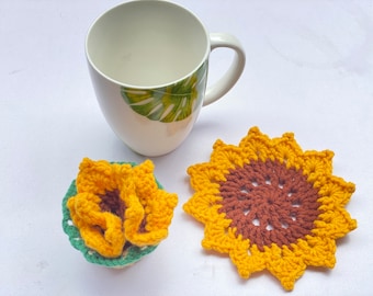 Crochet Sunflower Coasters (Set of 2) with Basket – Handmade Cotton Decor