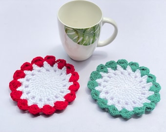 Set of 2 Crochet Cotton Coasters, Handmade Flower Design