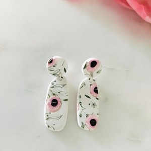 Handmade Floral polymer clay earrings -Pink floral clay dangles, pastel clay earrings, Lightweight floral clay earrings. Nickel free.