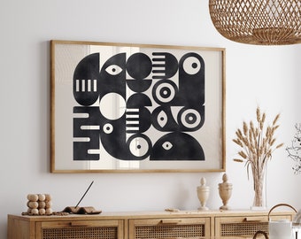 Black and beige printable Bauhaus illustration, abstract geometric painting