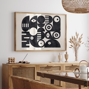 Black and beige printable Bauhaus illustration, abstract geometric painting image 1
