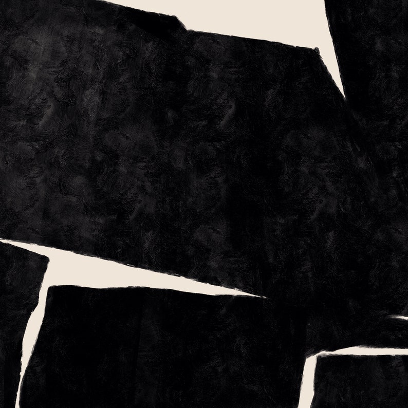 K&ouml;nnte beinhalten: Abstrakter Kunstdruck mit schwarzen Formen auf cremefarbenem Hintergrund. Die Formen sind unregelm&auml;&szlig;ig und &uuml;berlappen sich, wodurch ein modernes und minimalistisches Design entsteht.