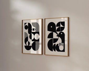 Set of 2 Bauhaus style geometric prints, beige and black PRINTABLE wall art available in large sizes