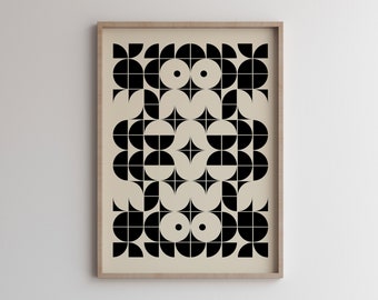 Symmetrical Elegance: Black Mid-Century Geometric Poster on Beige Background