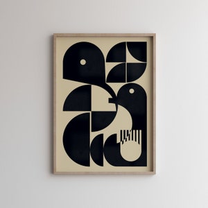 May include: Abstract geometric art print featuring a black and white design of a bird with a beige background. The print is framed in a light wood frame.