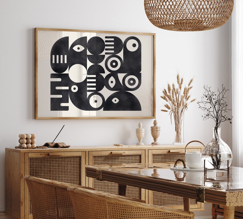 Black and beige printable Bauhaus illustration, abstract geometric painting image 1