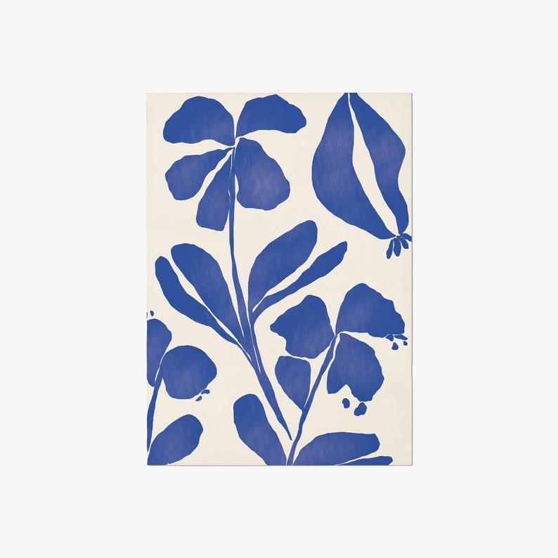 Vintage illustration of blue wildflower on cream beige background, nordic modern retro decor image 2