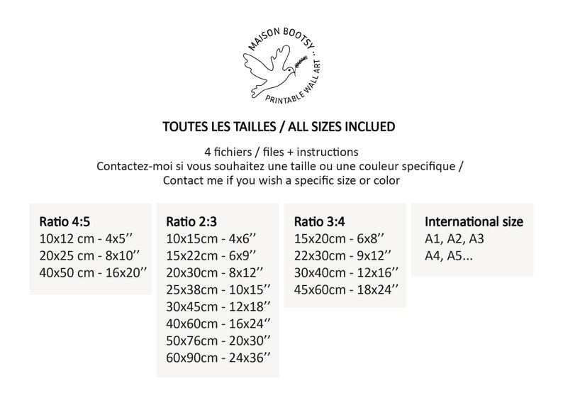 May include: A chart showing different sizes and ratios for printable wall art. The chart includes measurements in centimetres and inches, as well as international paper sizes.
