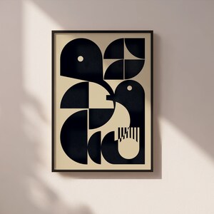 May include: A black and white geometric abstract art print of a bird with a cream background. The print is framed in a black frame.