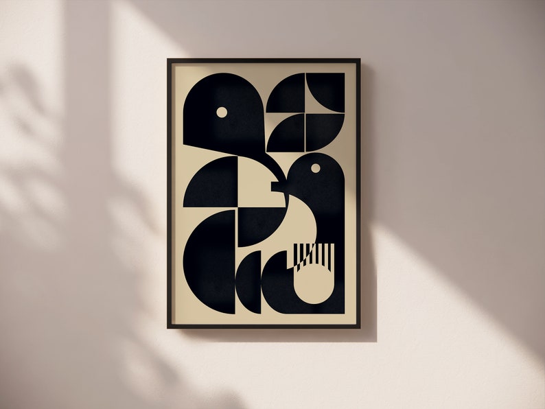 May include: A black and white geometric abstract art print of a bird with a cream background. The print is framed in a black frame.