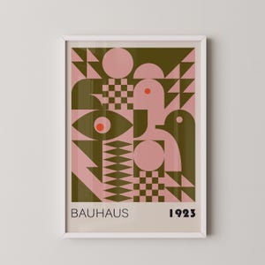 Affiche Bauhaus Moderne : Impression Rose et Vert Olive - Téléchargement Numérique - Déco Mi-Siècle