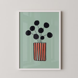 Red and black floral illustration on green background for a minimalist retro kitchen decor, 24x36 printable poster