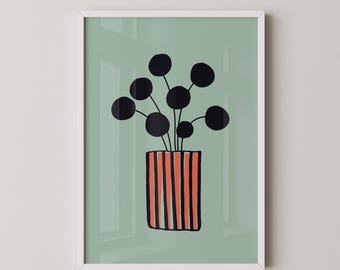 Illustrazione floreale rossa e nera su sfondo verde per un arredamento minimalista da cucina retrò, poster stampabile 24x36