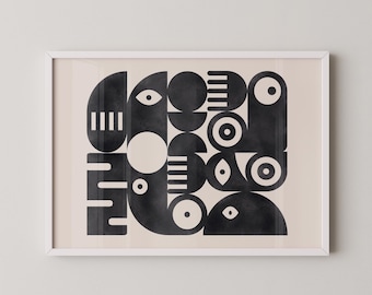 Ilustración Bauhaus imprimible en negro y beige, pintura geométrica abstracta