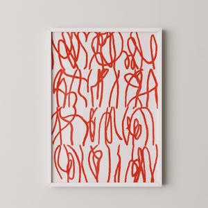 Póster de arte abstracto: pinceladas de color rojo brillante sobre fondo blanco