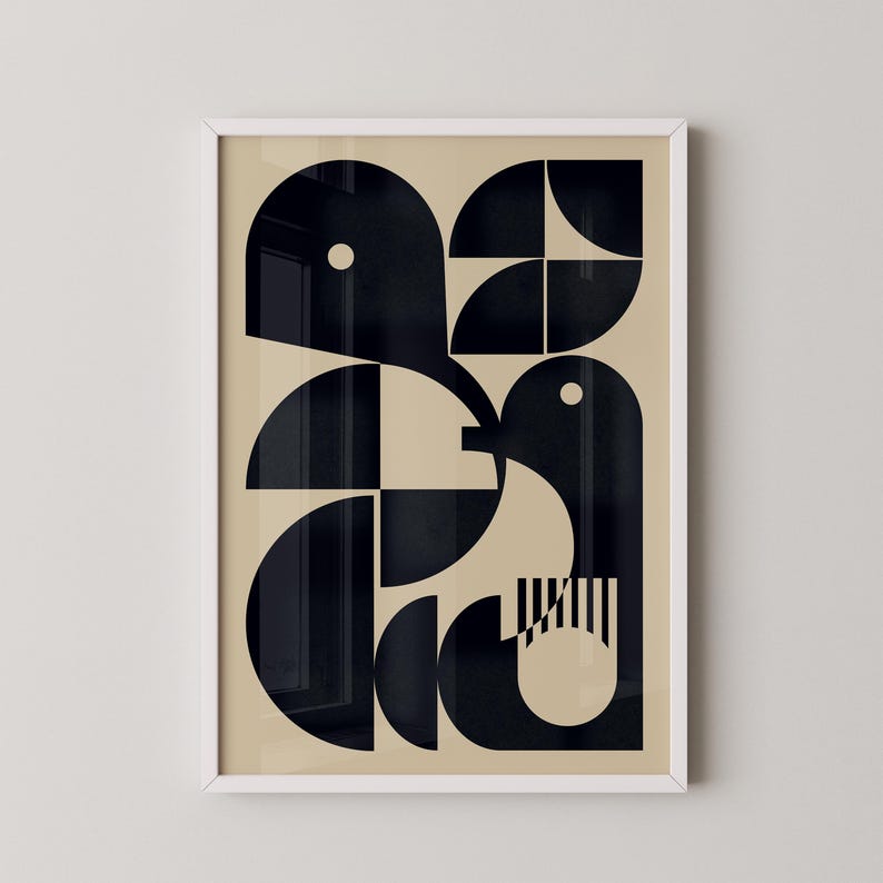 May include: Abstract geometric art print featuring a black and white design of a bird on a beige background.