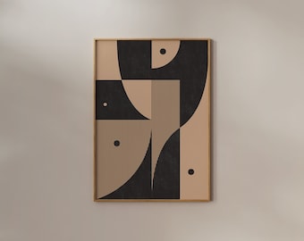 Large Bauhaus poster mid century modern influenced art deco, black neutral wall art on beige brown background, digital download