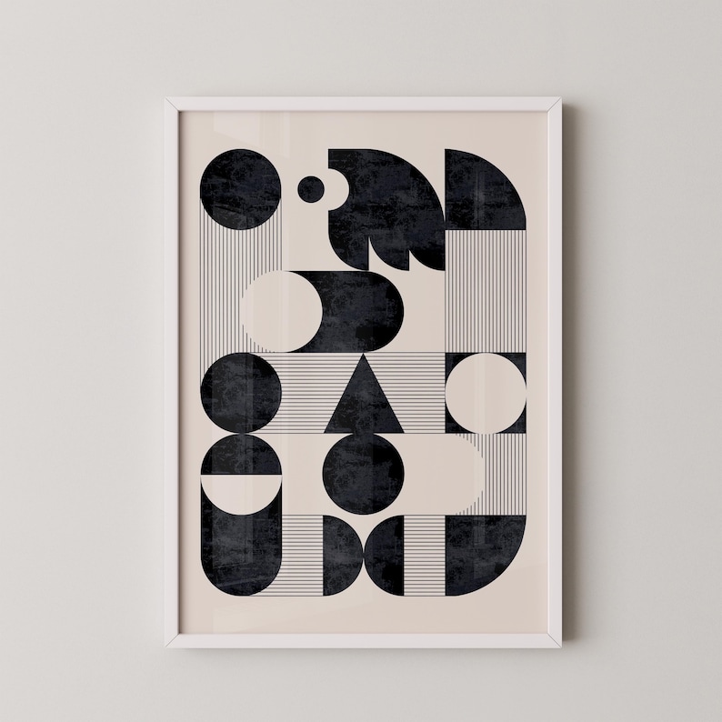 Puede incluir: Impresi&oacute;n de arte geom&eacute;trico abstracto con formas negras y blancas sobre un fondo crema. La impresi&oacute;n presenta c&iacute;rculos, semic&iacute;rculos y un tri&aacute;ngulo.