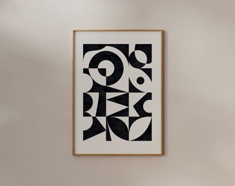 Large format black and white geometric wall art created in a mid-century modern Bauhaus style, instant download