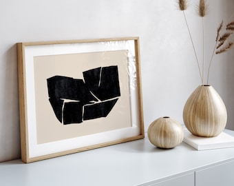 Art print of black and beige abstract shapes drawn in a Japandi spirit for a ZEN living room wall decoration