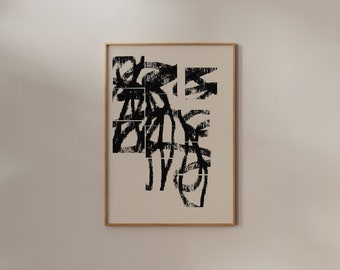 Black and beige JAPANDI abstract art print, large printable wall art to decorate a living room