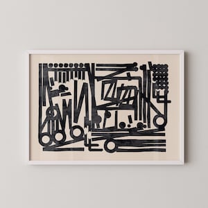 May include: Black and white abstract art print with geometric shapes and lines. The print has a textured, hand-drawn look.