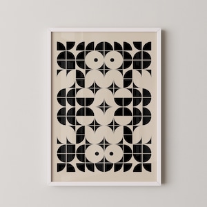 May include: A black and white geometric pattern print with a beige background. The pattern is made up of circles, semi-circles, and squares.