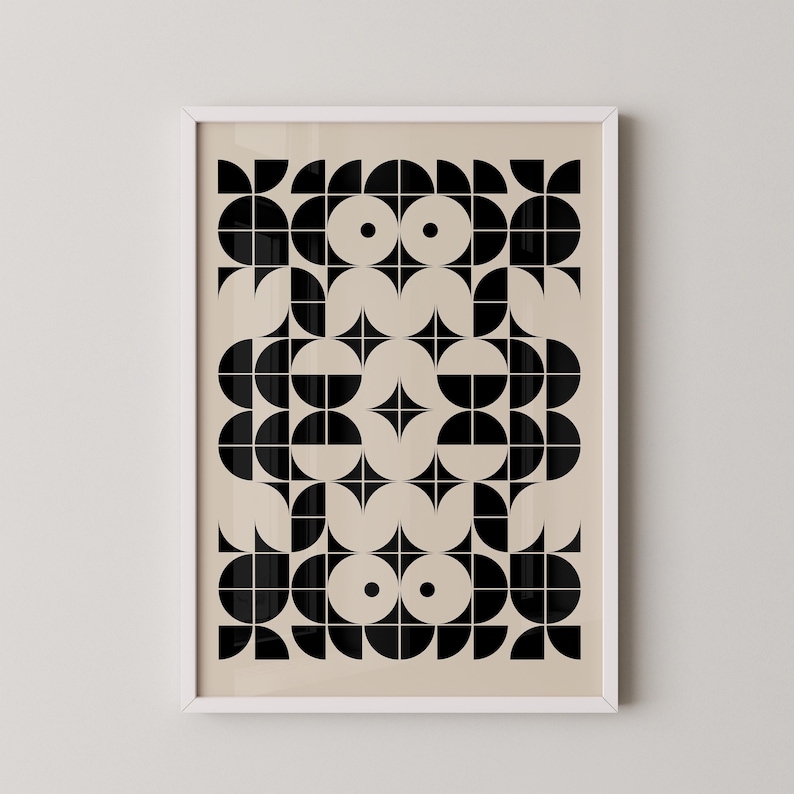 May include: A black and white geometric pattern print with a beige background. The pattern is made up of circles, semi-circles, and squares.