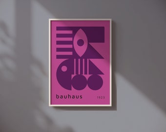 Art Mural Moderne Inspiré du Bauhaus : Design Rétro dans des Nuances rose et violet