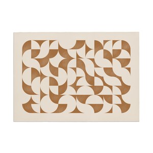 May include: Abstract geometric print with a brown and white color scheme. The print features a repeating pattern of overlapping circles and semi-circles.
