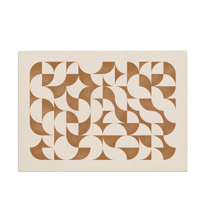 May include: Abstract geometric print with a brown and white color scheme. The print features a repeating pattern of overlapping circles and semi-circles.