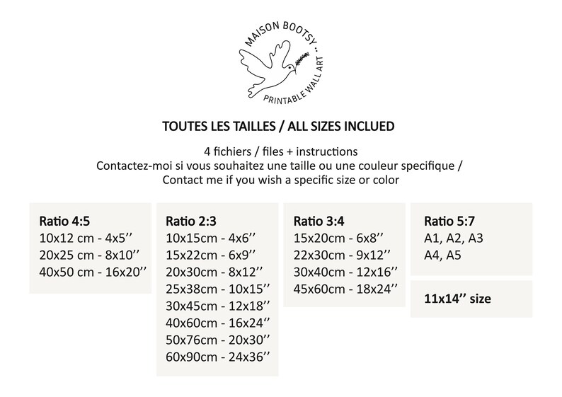 Puede incluir: Un gr&aacute;fico que muestra diferentes tama&ntilde;os y proporciones para arte de pared imprimible. El gr&aacute;fico incluye medidas en pulgadas y cent&iacute;metros. El texto dice "TOUTES LES TAILLES / ALL SIZES INCLUED" y "4 fichiers / files + instructions".