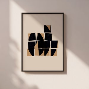 Assembled Squares: Black and Beig Abstract Collage Art Poster image 1