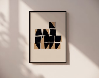 Assembled Squares: Black and Beig Abstract Collage Art Poster