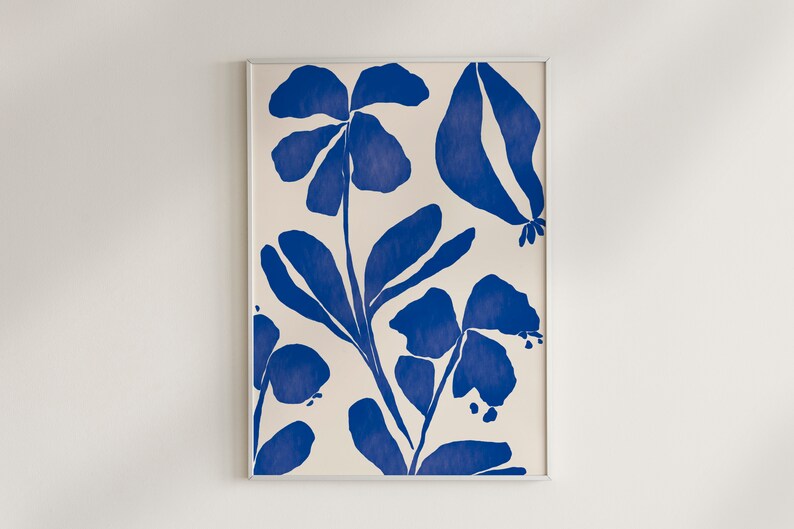 Vintage illustration of blue wildflower on cream beige background, nordic modern retro decor image 4