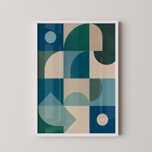 May include: Abstract geometric art print with a white frame. The print features a pattern of teal, blue, and beige shapes.