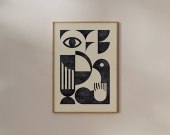 Bauhaus illustration mid-century modern influenced art deco, monochrome print, digital download