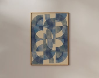 Abstract geometric print in blue and charcoal gray, Bauhaus Art Deco style art, instant download