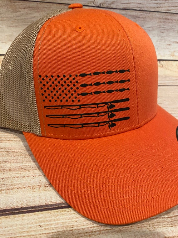 Fishing Hat, Fishing Flag Hat, Fishing Pole Flag Hat, Orange Hat