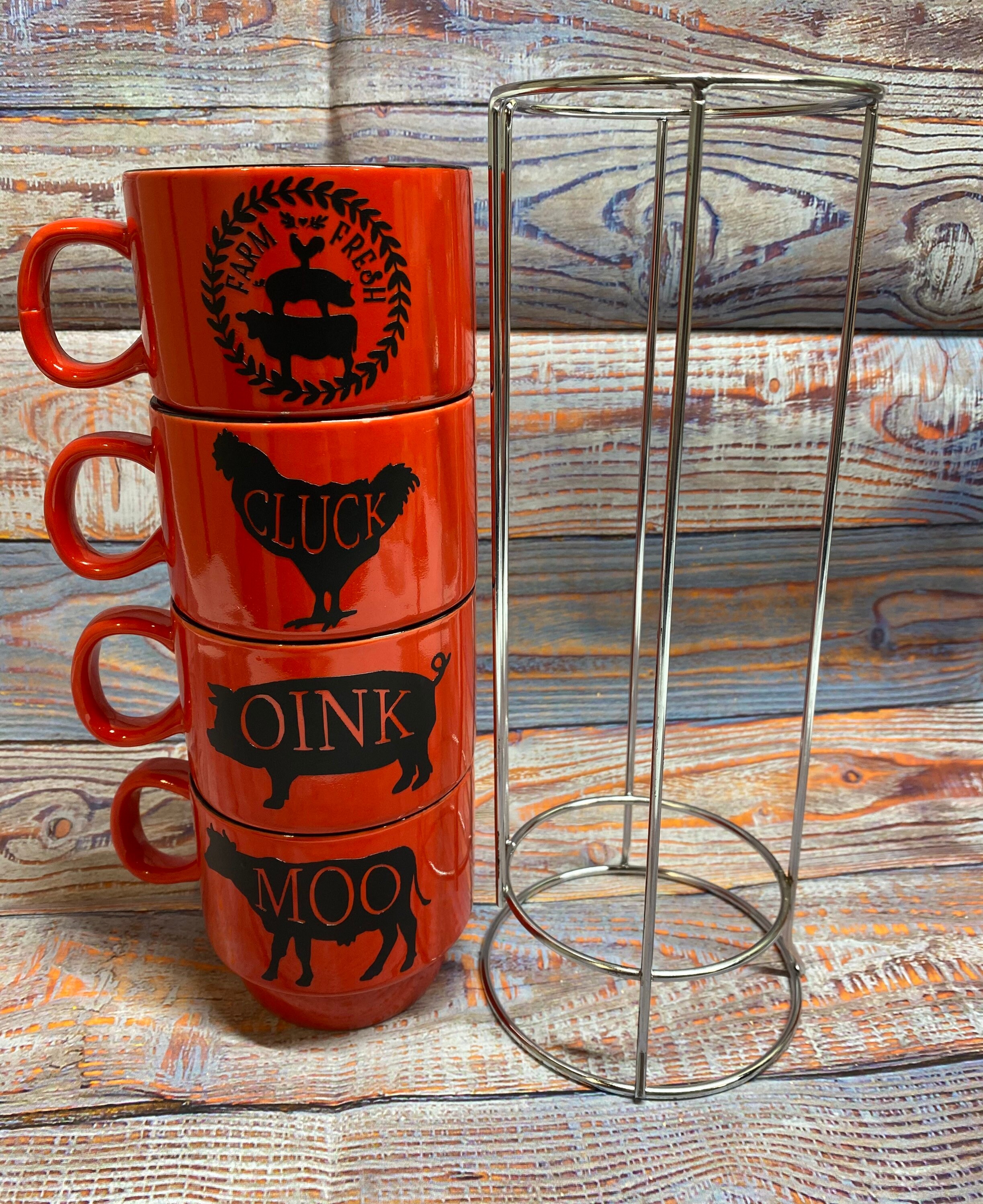 Farmhouse Stacking Mug Set With Stand, Stacking Coffee Mug Set